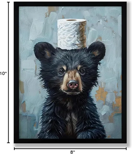 Vista 8 de Arte de pared de lienzo enmarcado para baño con oso negro tierno, decoración divertida para baño con animales, adorable oso con papel higiénico