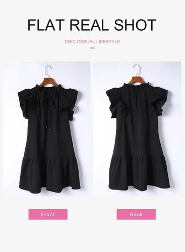 Vista 3 de Dokotoo Vestido corto de verano para mujer con cuello en V, cordón y volantes, manga corta, bolsillos laterales, mini vestido de verano