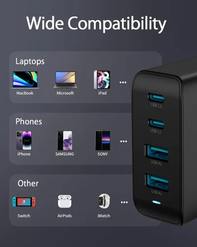 Vista 6 de Cargador USB C de 100 W, bloque de carga rápida GaN de 4 puertos, bloque de carga plegable tipo C, bloque de carga rápida compatible con MacBook