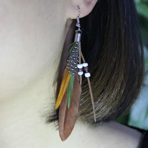 Vista 2 de Aretes colgantes de plumas nativas para mujer, aretes largos de pavo real bohemio con gancho, Pluma