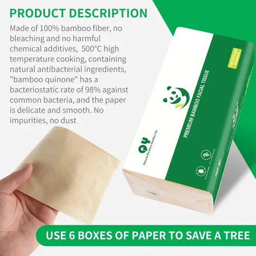 Vista 5 de Pañuelos faciales de bambú suaves y duraderos, papel facial natural sin blanquear de 3 capas, uso seco o húmedo, 12 paquetes