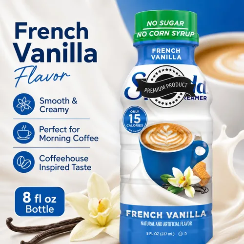 Vista 7 de Crema de café de vainilla francesa, botella de 8 onzas, sin azúcar, sin jarabe de maíz, crema líquida saborizada para café caliente o helado