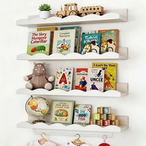 Vista 8 de Fixwal Estantes flotantes de 16.5 pulgadas para libros de guardería, juego de 4 estantes de pared festoneados con toallero para niños, habitación