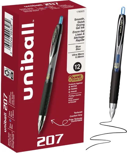Vista 10 de Uniball Signo - Bolígrafo de gel retráctil, mediano de 0.028 in, tinta azul, barril con detalles azul/metálico, docena (paquete de 12)
