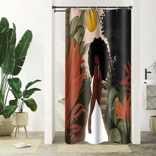 Vista 4 de Cortina de ducha de mujer afroamericana, sexy, de 36 x 72 pulgadas, poliéster, abstracto, bohemio, tropical, hojas de plantas tropicales, juego