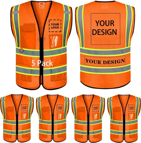 Vista 21 de BeautyWill Chaleco de seguridad con logotipo personalizado, Hi Vis Clase 2, chaleco reflectante de construcción unisex con 5 bolsillos