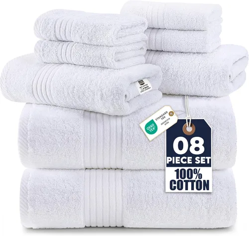 Vista 8 de Set de toallas Premium 700 GSM, 8 piezas; 2 toallas de baño, 2 toallas de mano y 4 paños, algodón, lavable a máquina, calidad de hotel, supersuave