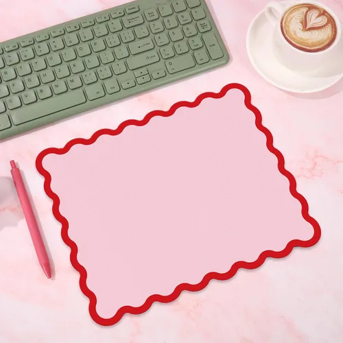Vista 4 de Whaline Alfombrilla de mouse festoneada antideslizante para escritorio, rectangular, color rojo y rosa, borde festoneado, alfombrilla para mouse