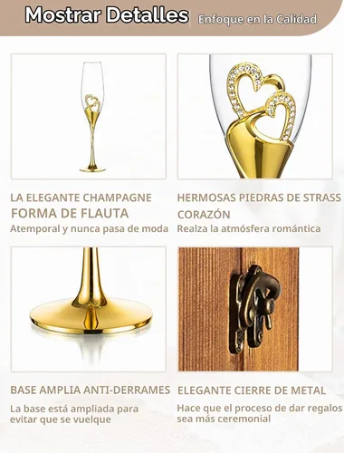 Vista 4 de NUPTIO - Copas de champán de cristal, regalos de boda para parejas, dorado, juego de 2