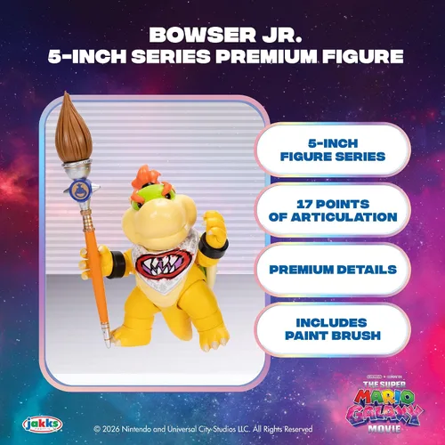Vista 2 de Super Mario Galaxy Movie Bowser Jr., figura de acción de 5 pulgadas y pincel
