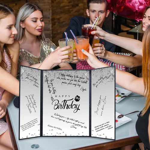 Vista 5 de Crenics Decoraciones de cumpleaños en blanco y negro para mujeres y hombres, libro de invitados creativo alternativo de 45,72 cm x 30,48 cm, gran