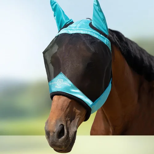 Vista 19 de Harrison Howard Máscara de mosca de caballo luminosa profesional estándar con orejas protección UV para caballo, azul y plateado, pequeño poni