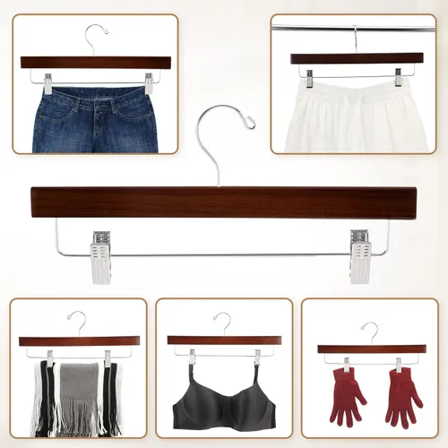 Vista 7 de Sieral Paquete de 30 perchas de madera para pantalones con clips de madera maciza, faldas de madera maciza con 2 clips ajustables, gancho giratorio