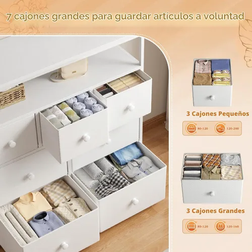 Vista 4 de Cómoda para dormitorio con 7 cajones y 2 estantes abiertos, soporte de TV para dormitorio, cómoda blanca para pasillo, entrada, dormitorio