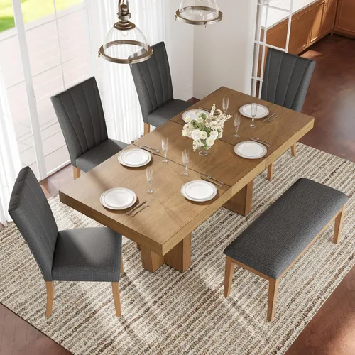 Vista 34 de Juego de mesa de comedor rústica de 6 piezas con mesa rectangular de caballete y 4 sillas tapizadas y banco, juego de mesa de comedor de cocina