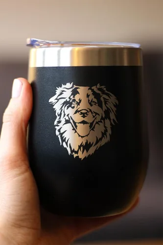 Vista 2 de Australian Shepherd Face - Wine Tumbler Glass with Sliding Lid - Stainless Steel Insulated Mug - Unique Dog Themed Decor and Gifts for Moms & Dads