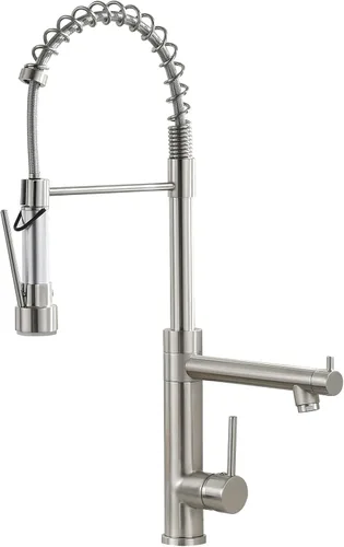 Vista 13 de Grifo de cocina extraíble con rociador, Fapully - Grifo de fregadero de cocina comercial negro primaveral con níquel cepillado