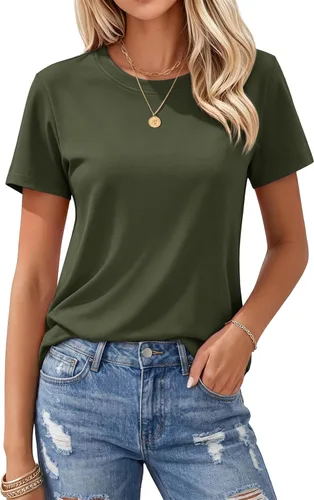 Vista 16 de MAGCOMSEN Camisetas de algodón para mujer de manga corta con cuello redondo, camisetas de ajuste clásico y transpirables de verano a1-Negro