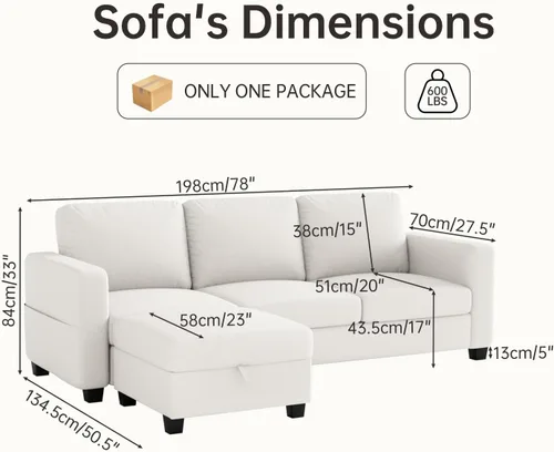 Vista 2 de Sofás seccionales para sala de estar, sofá convertible en forma de L de 78 pulgadas, sofás de 3 plazas con otomana de almacenamiento, sofá moderno