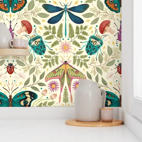 Vista 8 de Muestra de papel tapiz extraíble – insecto damasco insecto botánico grande Jumbo polilla mariposa bosque hongo beige verde azul papel pintado