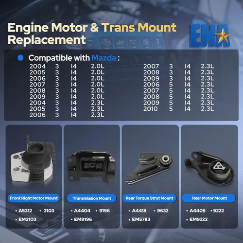 Vista 2 de ENA Juego de 4 soportes de motor y trans. Compatible con Mazda 3 5 2004 2005 2006 2007 2008 2009 2010 3 2.0L 2.3L sin Turbo transmisión automática