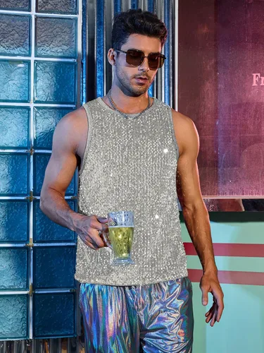 Vista 5 de WDIRARA Camiseta sin mangas con cuello redondo y lentejuelas para hombre