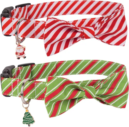 Vista 9 de PTDECOR Collar de Navidad para perro con lazo, ajustable a cuadros rojos y verdes con corbatín extraíble, collares de Navidad para perros pequeños