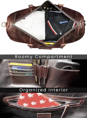 Vista 3 de Bolsa de lona de cuero hecha a mano de 30 L, cuero de grano superior, tamaño de cabina aprobado por la TSA, estilo clásico vintage con perspectiva