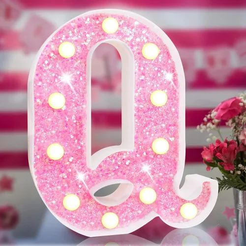 Vista 27 de Letras rosas iluminadas con purpurina, letras del alfabeto rosas, letreros de luces LED en marquesina rosas con batería para iluminación nocturna