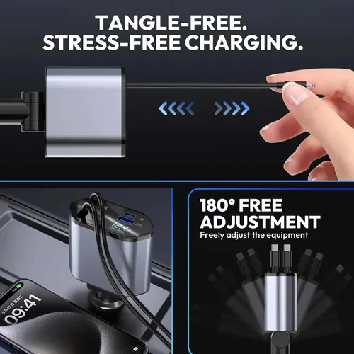 Vista 7 de Cargador retráctil para automóvil de 120 W, cable USB-C y Lightning 4 en 1, adaptador de carga rápida para iPhone 16/15/14, Samsung, Android, puerto