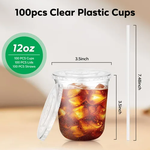 Vista 4 de 100 piezas de 12 onzas. Vasos desechables de plástico con tapas planas y popotes transparentes, vasos de fondo redondo para llevar café helado