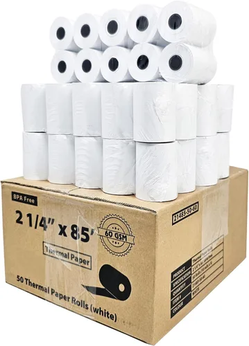 Vista 2 de Rollos de papel térmico de 2.25, 2 1/4 x 85 pulgadas, 50 rollos First Data FD130, FD50, FD400, FD55, FD100Ti, papel térmico Tranz 420, Verifone