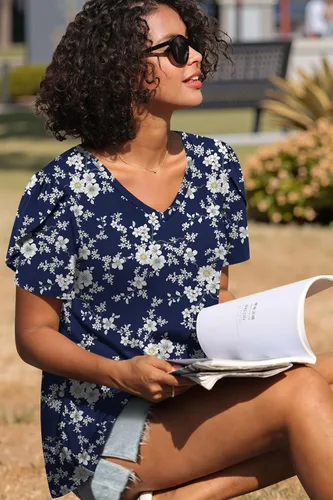 Vista 2 de CATHY 2025 - Blusas de verano para mujer, con mangas cortas, cuello en V, estilo túnica, tallas S-4XL