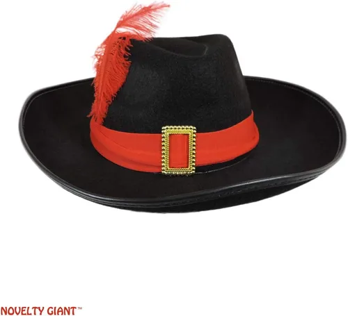 Vista 2 de Sombrero negro de tres mosqueteros con banda roja y pluma