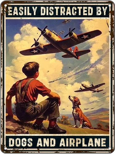 Vista 24 de Cartel de avión, póster de metal vintage para habitación de niño, fácil de distraer con perros y aviones, entusiastas militares, arte de pared