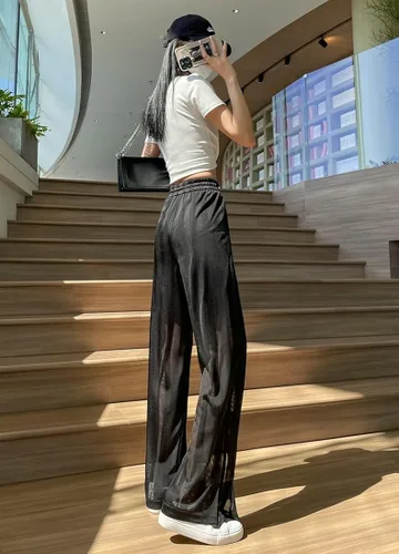 Vista 3 de Pantalones rasgados para mujer, pantalones deportivos con botones a presión, pantalones deportivos cómodos con bolsillos