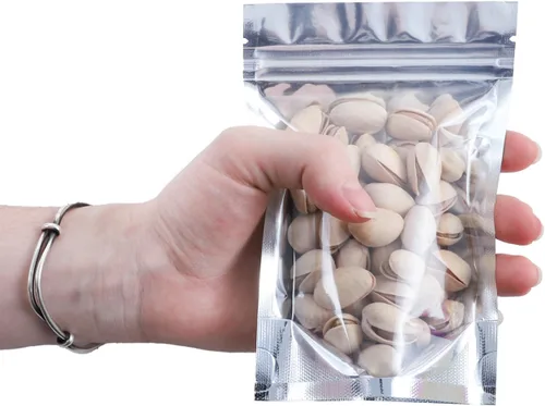 Vista 9 de Paquete de 100 bolsas de Mylar para almacenamiento de alimentos, papel de aluminio resellable, bolsa transparente de pie con ventana frontal de 3.94