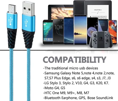 Vista 6 de Bynccea Cable micro USB de carga rápida, cable USB Android trenzado de nailon de 6 pies, paquete de 5 cables de carga de teléfono compatible