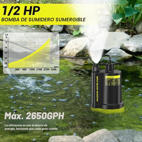 Vista 5 de Bomba de agua sumergible PHLEX PRO 1/2HP, eliminación rápida de agua de 2650 GPH Negro
