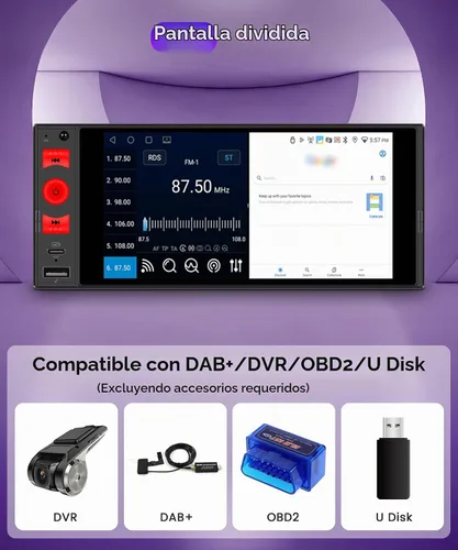 Vista 7 de Rimoody Android 15 Estéreo de Coche 1 Din Inalámbrico Carplay Android auto, 4G+64G Radio de Coche 1 Din Bluetooth 5.0, Receptor de Audio de Coche