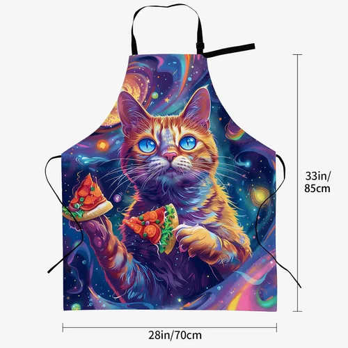 Vista 3 de Cosmic Pizza - Delantal de gato para mujer, 28 x 33 pulgadas, delantales de cocina con 2 bolsillos, poliéster, bonito delantal de gato para cocinar