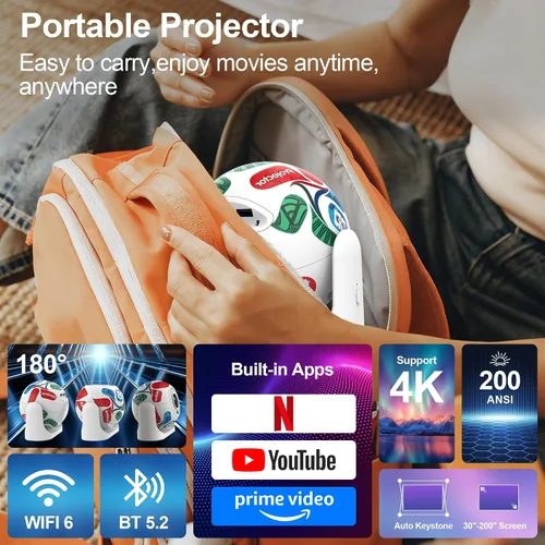 Vista 2 de Mini proyector con WiFi y Bluetooth, proyector de películas para techo de dormitorio 4K Supported, 180° Rotatable, Built-in Apps, Auto Keystone &