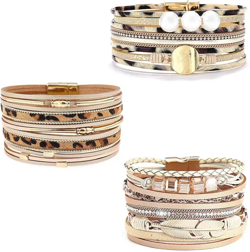 Vista 13 de Wowanoo - Juego de 3 pulseras de cuero de varias capas con cierre magnético para mujer, con cristales, ramas de árbol pulseras para mujer.