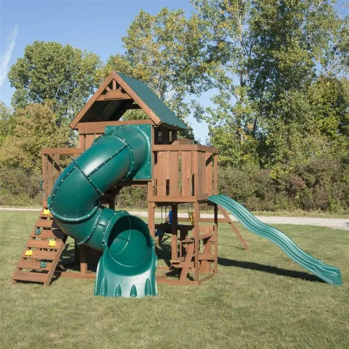 Vista 4 de Swing-N-Slide WS 8359 Tellico - Juego de columpios de madera para terraza con dos toboganes, pared de escalada y columpios, color marrón