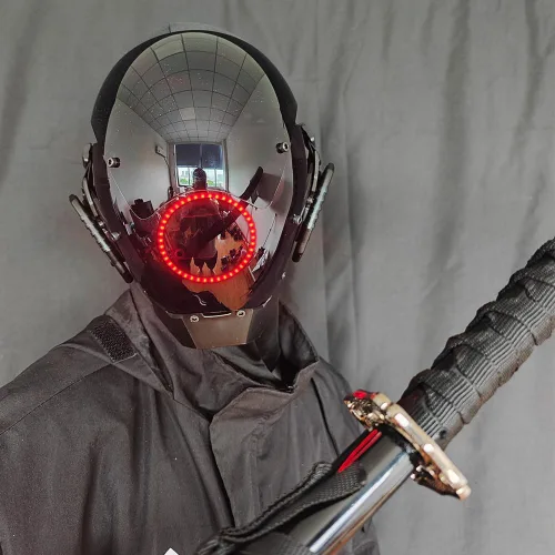 Vista 7 de KYEDAY Máscara punk cosplay para hombres, máscara de luz redonda LED para mujeres, cosplay, Halloween, fiesta, festival de música, accesorios