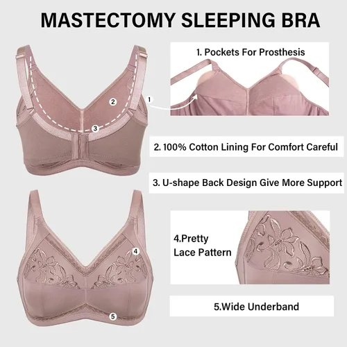 Vista 4 de DELIMIRA Bralette de algodón para mujer, con bolsillos para mastectomía, sin varillas, poscirugía, talla grande, para dormir