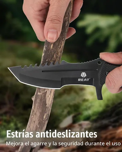 Vista 7 de REAT Cuchillo de hoja fija con funda, hoja de acero 440C de 4.1 pulgadas con diseño de espiga completa, mango ergonómico de plástico ABS, cuchillo