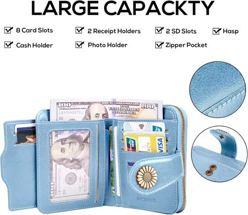 Vista 2 de INSIFEEL Billetera pequeña para mujer, bolso compacto de cuero con bloqueo RFID RFID para mujer, Azul claro, Retro