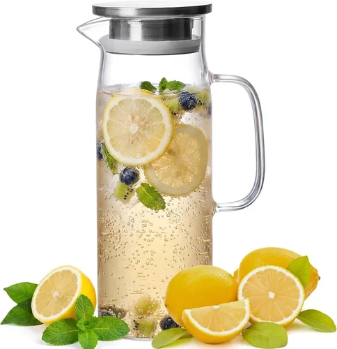 Vista 8 de hjn Jarra de vidrio con tapa, jarra de agua de vidrio con asa, jarra de agua para refrigerador, bebidas frías o calientes, té helado, leche, jugo