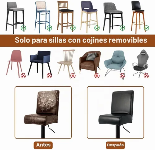 Vista 5 de Fundas de Cuero PU para Taburete de Bar con Respaldos, Paquete de 2 Fundas Elásticas Impermeables para Sillas de Taburete de Bar, Fundas Lavables